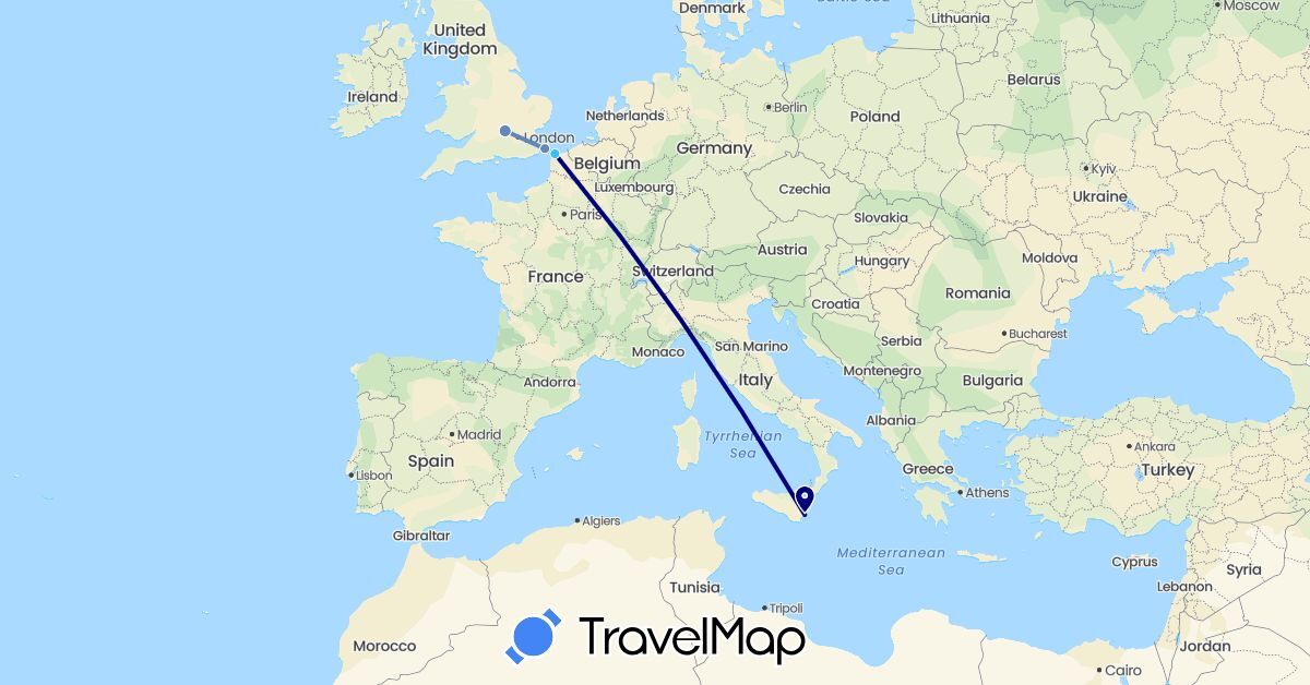TravelMap itinerary: driving, cycling, boat in France, United Kingdom, Italy (Europe)